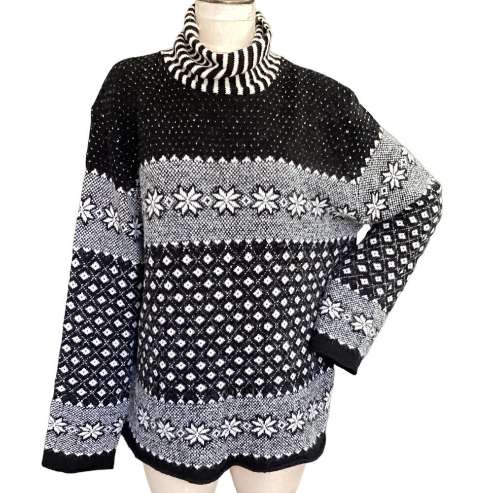 Crossing Pointe‎ Turtleneck Sweater Nordic Fair Isle XL Black Gray White #177F